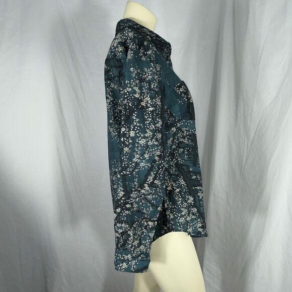 Peruvian Connection Silk Cotton Voile Button Down Shirt L Blue Floral Branch Pri - Picture 5 of 13